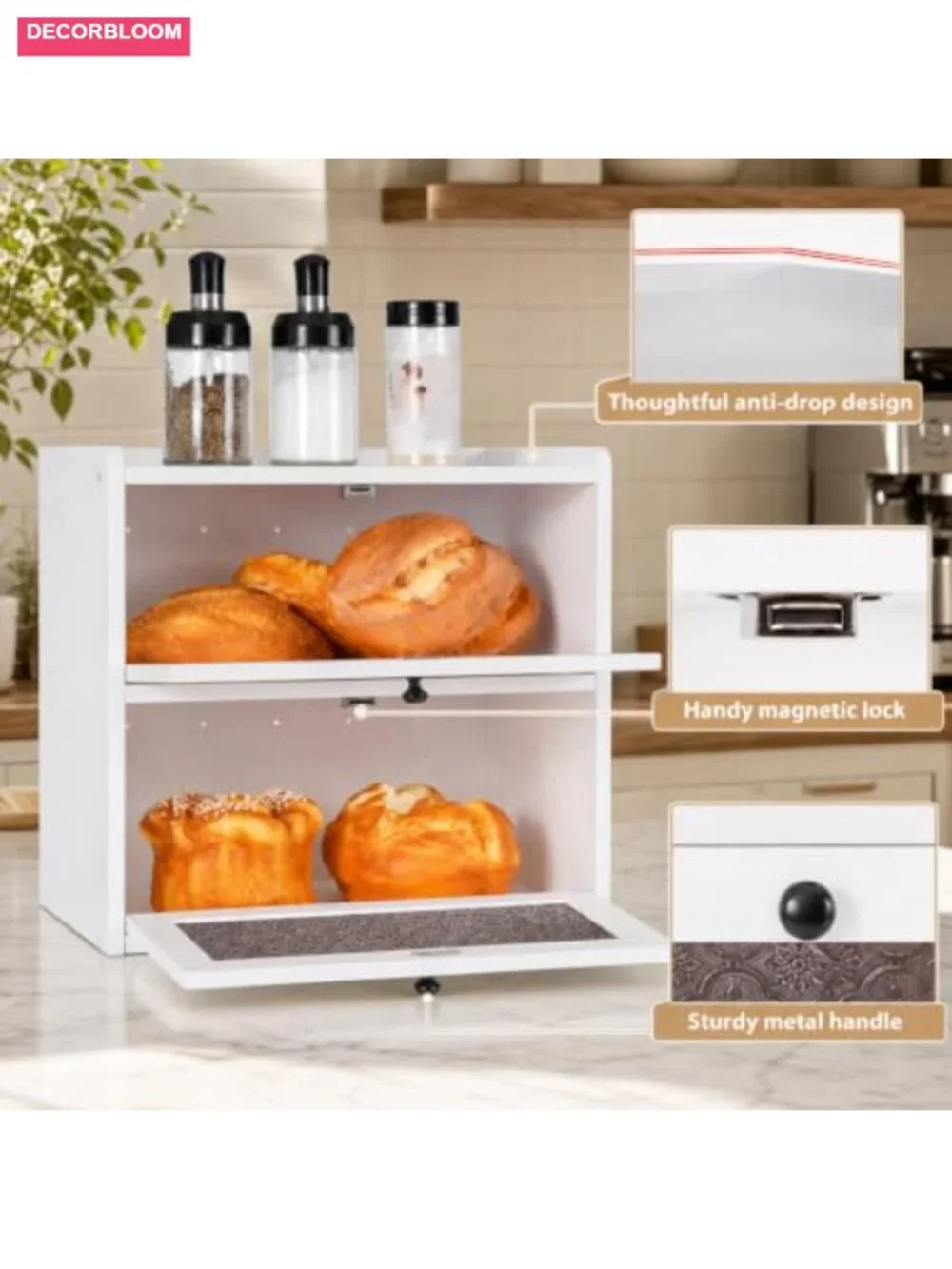 Large Pine Wood Bread Box with Magnetic Doors